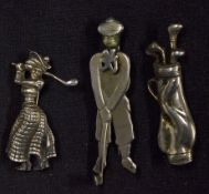 Golfing Brooch Selection including comical golfer with swinging arms, a golf bag marked silver and