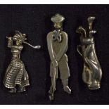 Golfing Brooch Selection including comical golfer with swinging arms, a golf bag marked silver and