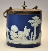 Fox hunting- fine Wedgwood blue and white biscuit barrel with 19thc hunting scenes in relief c/w