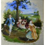 1898 Battledore painting on silk - a hand painted Battledore scene on silk with a young couple in