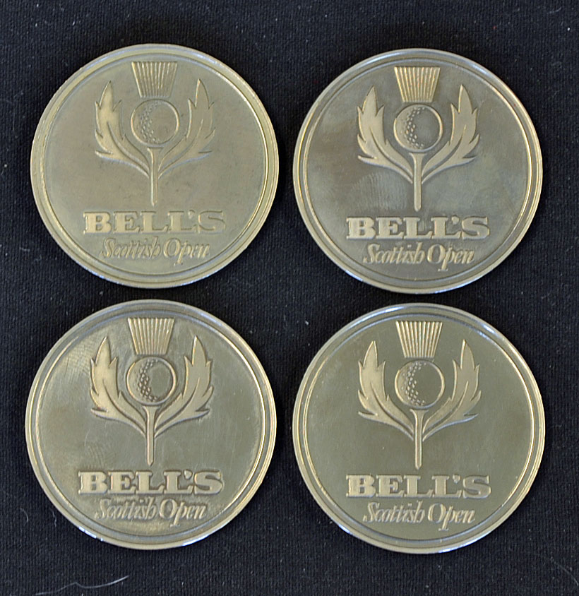 4x Bell's Scottish Open Golf Championship white metal medals - unissued overall 1.75 inch dia. in