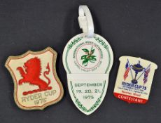 3x 1975 Ryder Cup Badges including 'Norman Wood' contestant badge, bag tag and Rampant Lion Blazer