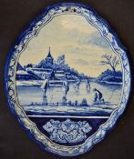 C.1860 Large Dutch Delft Wall Plaque depicting a Kolfing scene, in blue and white, makers cross to