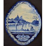 C.1860 Large Dutch Delft Wall Plaque depicting a Kolfing scene, in blue and white, makers cross to