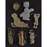Silver Golf Bag Charms also including Heart with crossed clubs, Golf Club & Birdie brooch, 2x