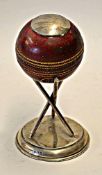 1938 Cricket ball presentation trophy - mounted on a silver hallmarked base with 3x crossed