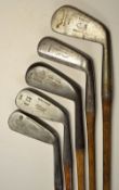 5x Various irons to include a J.H Taylor smooth faced jigger, Nicoll Leven Zenith iron for E Gray