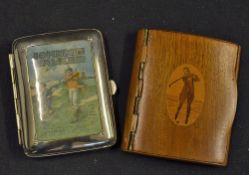 Golfing Cigarette Cases a wooden case golfing figure to the front, t/w a 'Johnnie Walker' fronted