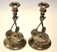 Fine pair of tennis racket silver plated candlesticks - each mounted with 3 crossed long handled