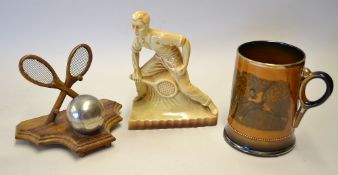 Tennis selection to incl a wooden tennis desk pen holder and inkwell featuring crossed tennis