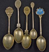 Tennis - 5x various silver, silver and enamel tennis tea spoons from 1929 onwards -each with lawn