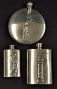 Selection of Golfing Hip Flasks all with embossed Golf figures and bags to the front, Alchemy