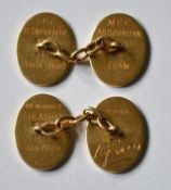 1928/29 England Cricket Tour to Australia - Rare pair of 18ct gold and enamel presentation cricket