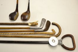 Field sports & golf collection to incl three various fruit-wood walking canes, a shooting stick