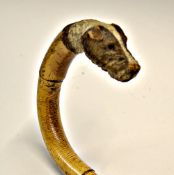 Terrier - cane walking stick with a finely carved handle of a terrier dog with glass eyes,