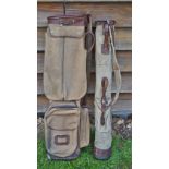 2 canvas and leather golf bags to include slightly larger oval bag with large side pockets, separate