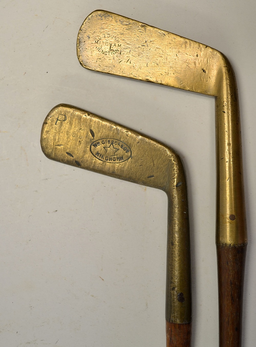 2x Heavy thick top brass blade putters c.1895 to incl Gibson Kinghorn with Army & Navy shaft stamp