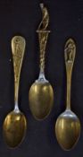 3x Silver Golfing Spoons all depicting golf figures to the top, Richfield Springs N.Y (sterling),