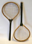 Pair of early one piece small wooden play rackets c. 1850 - original stringing with laterals wrapped
