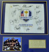 2014 Ryder Cup European Team Signed Pin Flag a framed display with signatures to a the '