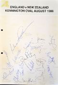 1986 New Zealand v England signed sheet - played at the Oval and signed by 16 New Zealand players to