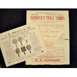 2x Early Table tennis advertisements c.1900 - to include J.R Mally & Co London illustrating 6x types