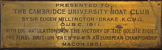 Rowing - 1951 Cambridge University Boat Club engraved brass plaque inscribed "Presented to The