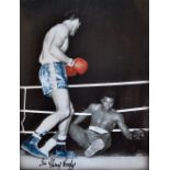 Sir Henry Cooper Signed Boxing print on canvas in colour, famous an action shot depicting a dazed