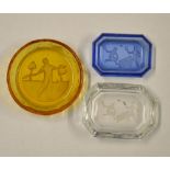 Tennis glass pin dishes c. 1920 - 3x various Heinrich Hoffman style intaglio cut glass colour pin