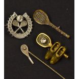 4 x various early tennis brooches - to include silver hallmarked brooch c.1895 in the shape of a