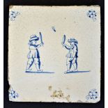 Battledore: rare Delft blue and white tile c.1660 - with decorative floral corners and 2 men playing