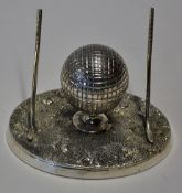 Silver Golfing Inkwell consisting of a central squash mesh golf ball pot with two standing clubs