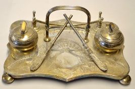 Curling - a fine silver plated curling inkwell stand c.1900 - comprising pair of curling stone