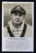 Don Bradman signed cricket postcard - titled "Records Broken or Equalled by Don Bradman Australia"
