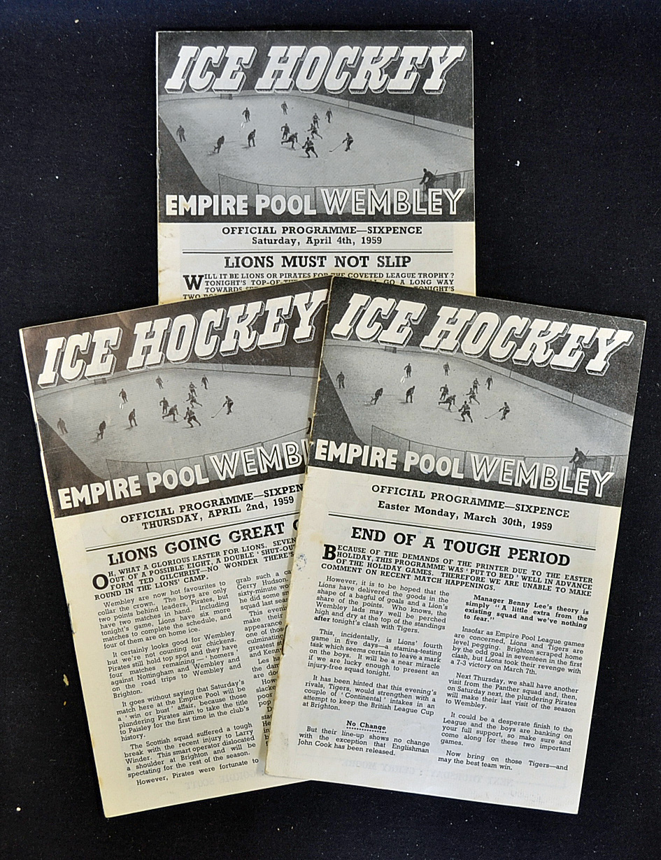 Ice Hockey 3x 1959 Signed Wembley Lions programmes to include v Paisley Pirates signed by Gordie
