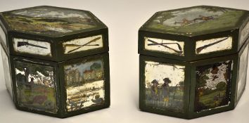 Pair of wooden and glass panelled sporting tea caddies comprising of foil back ground with hand