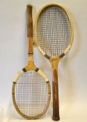 2x wooden concave tennis rackets to include Special fitted with dark double centre mains