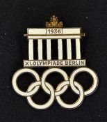 1936 Berlin Olympic Games original brass and white enamel pin badge - embossed on the reverse