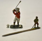 Cold painted Lead Golfing Figure in red and white 4"h approx. , t/w Metal letter opener encompassing