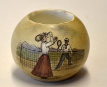 Tennis match stick holder c. 1900 - small porcelain matchstick holder with a mixed tennis match