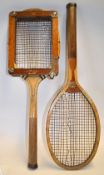 2x Tyldesley and Holbrook wooden tennis rackets to incl The Victor with convex wedge, red and