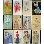 12 x various glamour girl golfing postcards from 1907 onwards to incl 3x Lowney Chocolates