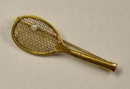 Fine 18ct gold tennis racket bar brooch - the handle stamped 585 c/w fine stringing mounted with