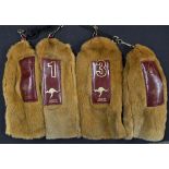 4x Kangaroo Golf Head covers fur texture with red and gold gilt leather labels stitched to the tops,