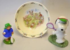 Tennis ceramics -to incl 1936 Royal Doulton Bunnykins bowl with coloured transfer scene mixed