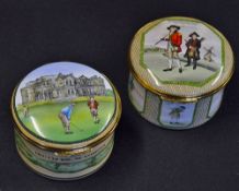 Pair of Halcyon Days golfing scene enamel boxes one with "Blackheath Golfers Scene" and similar