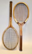 2x wooden concave tennis rackets to include The Wimbledon, with red double centre mains stringing (