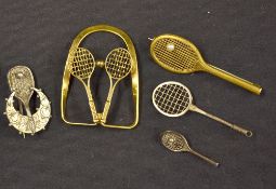 Tennis - collection of silver, gilt, brass and metal tennis racket brooches and money clip -