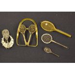 Tennis - collection of silver, gilt, brass and metal tennis racket brooches and money clip -