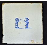 Battledore: rare Delft blue and white tile c.1660 - plain corners and decorated with 2 men playing